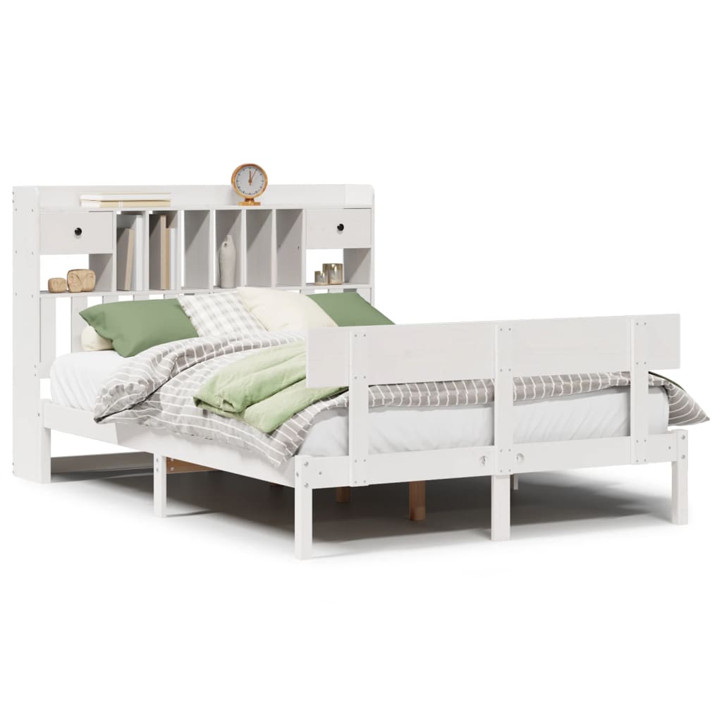 Seng med bokhylle uten madrass hvit 140x190 cm heltre furu