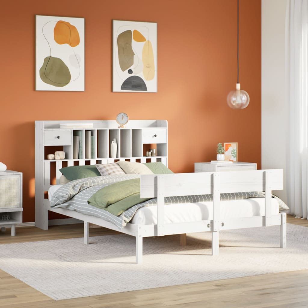 Seng med bokhylle uten madrass hvit 140x190 cm heltre furu