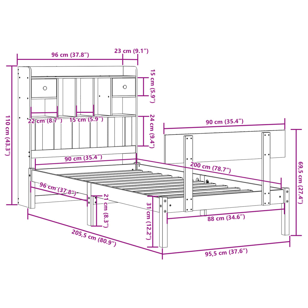 Seng med bokhylle uten madrass 90x200 cm heltre furu
