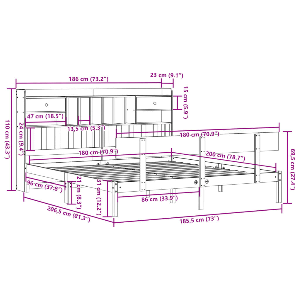 Seng med bokhylle uten madrass 180x200 cm heltre furu