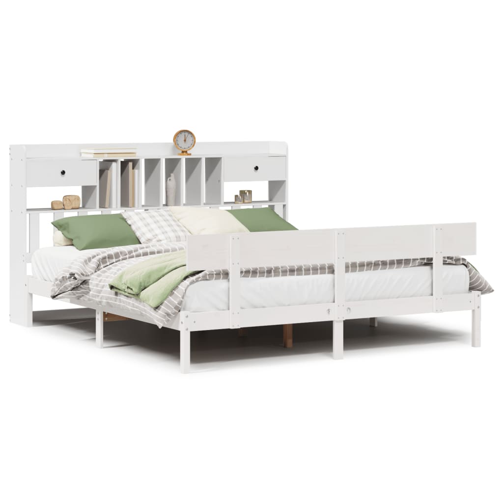 Seng med bokhylle uten madrass hvit 180x200 cm heltre furu