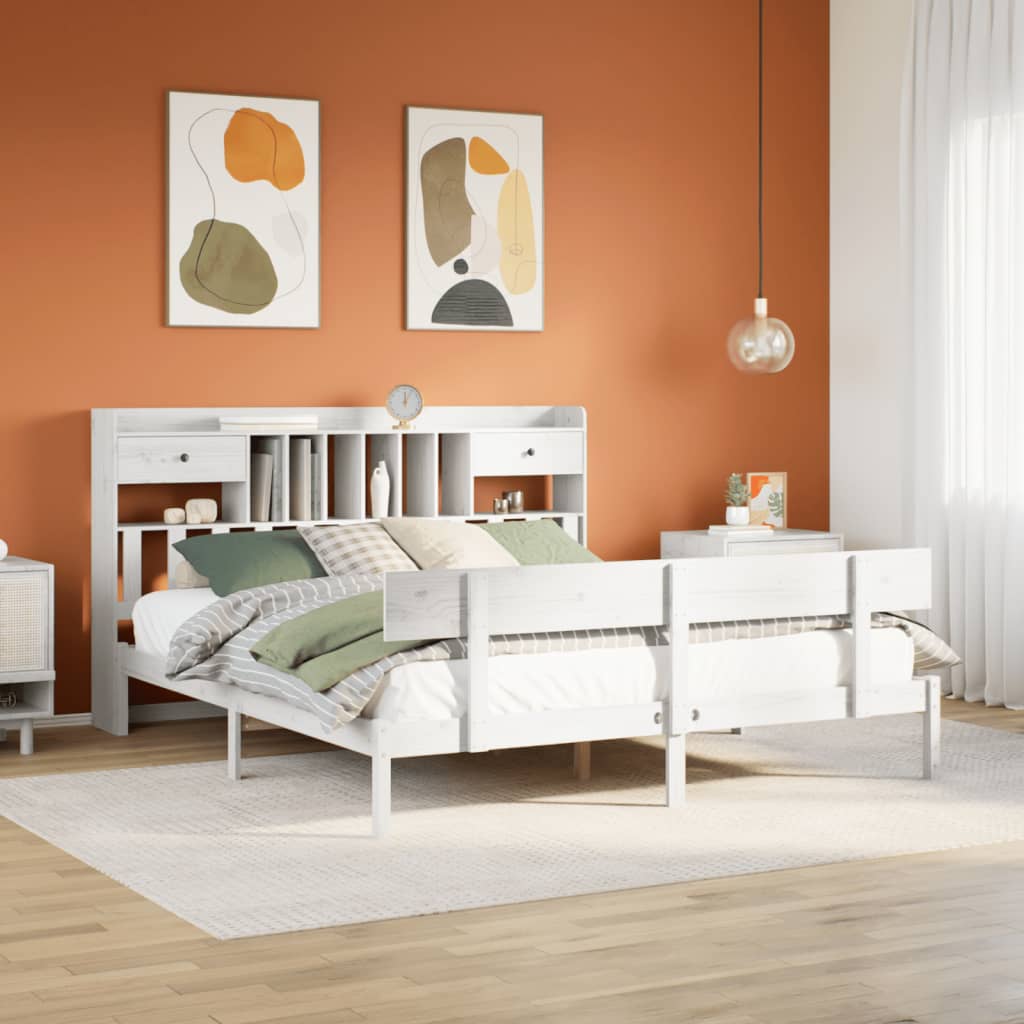 Seng med bokhylle uten madrass hvit 180x200 cm heltre furu