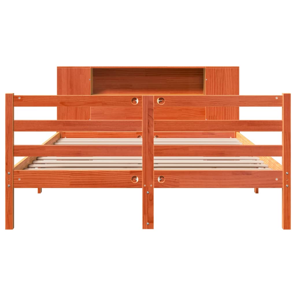 Seng med bokhylle uten madrass voksbrun 140x190 cm heltre furu