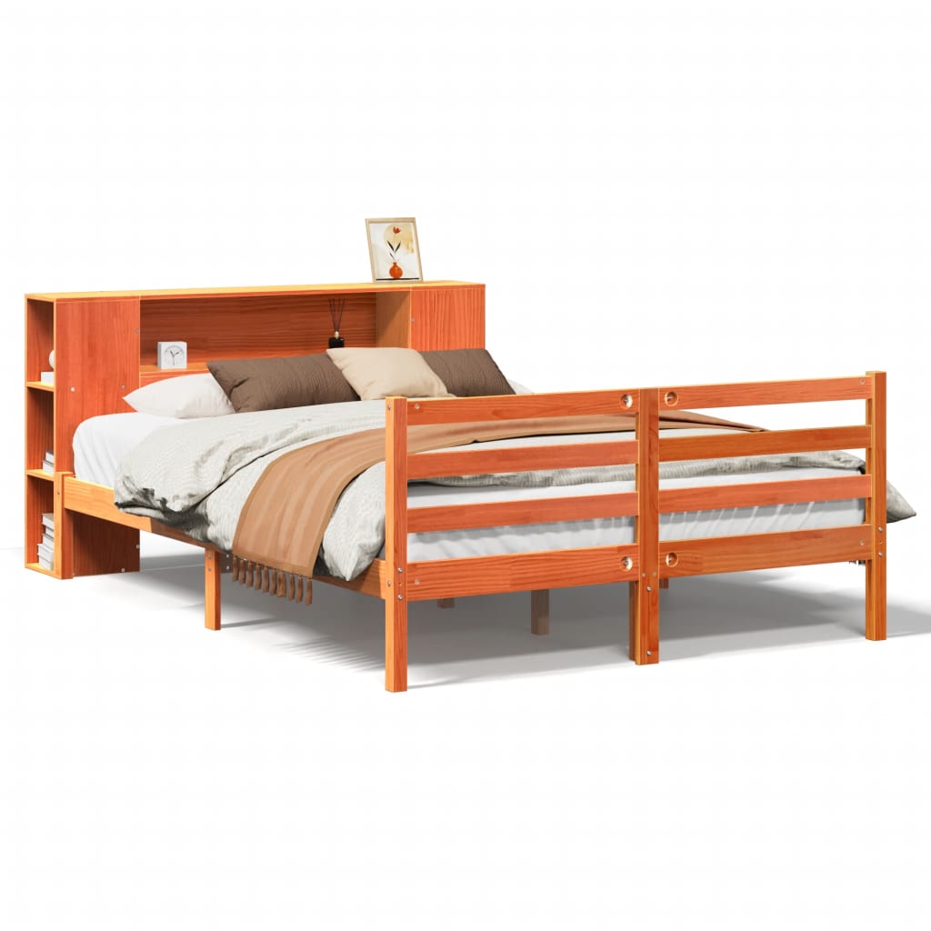 Seng med bokhylle uten madrass voksbrun 120x200 cm heltre furu
