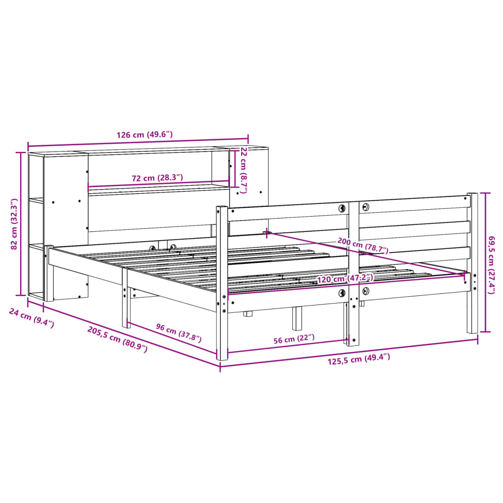 Seng med bokhylle uten madrass voksbrun 120x200 cm heltre furu