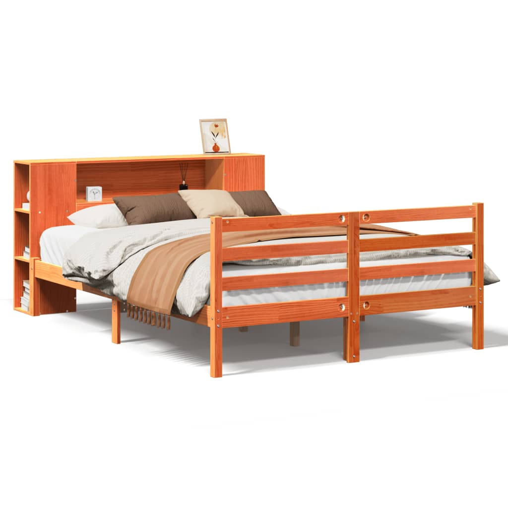 Seng med bokhylle uten madrass voksbrun 150x200 cm heltre furu