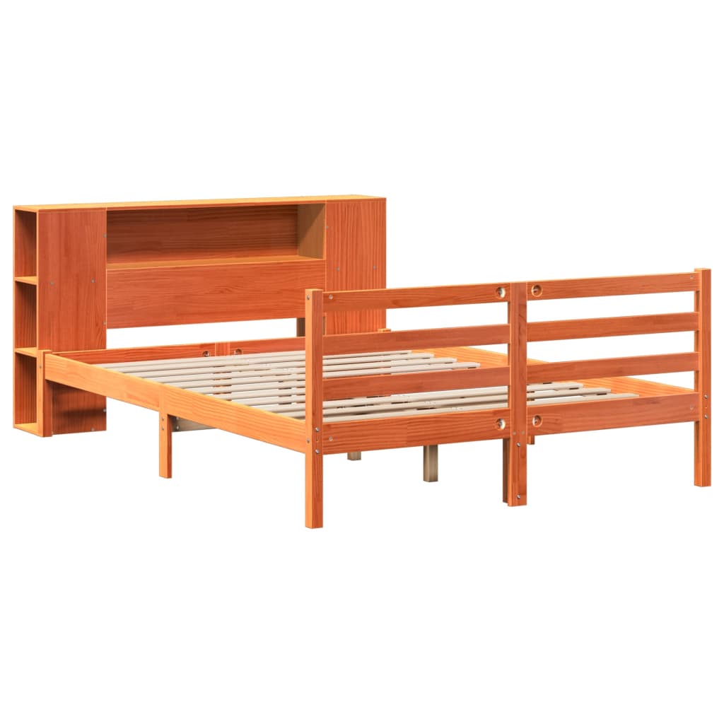Seng med bokhylle uten madrass voksbrun 150x200 cm heltre furu