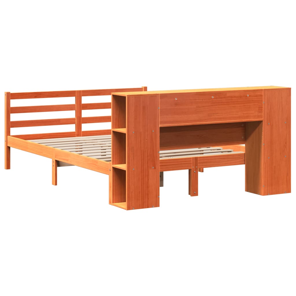 Seng med bokhylle uten madrass voksbrun 150x200 cm heltre furu