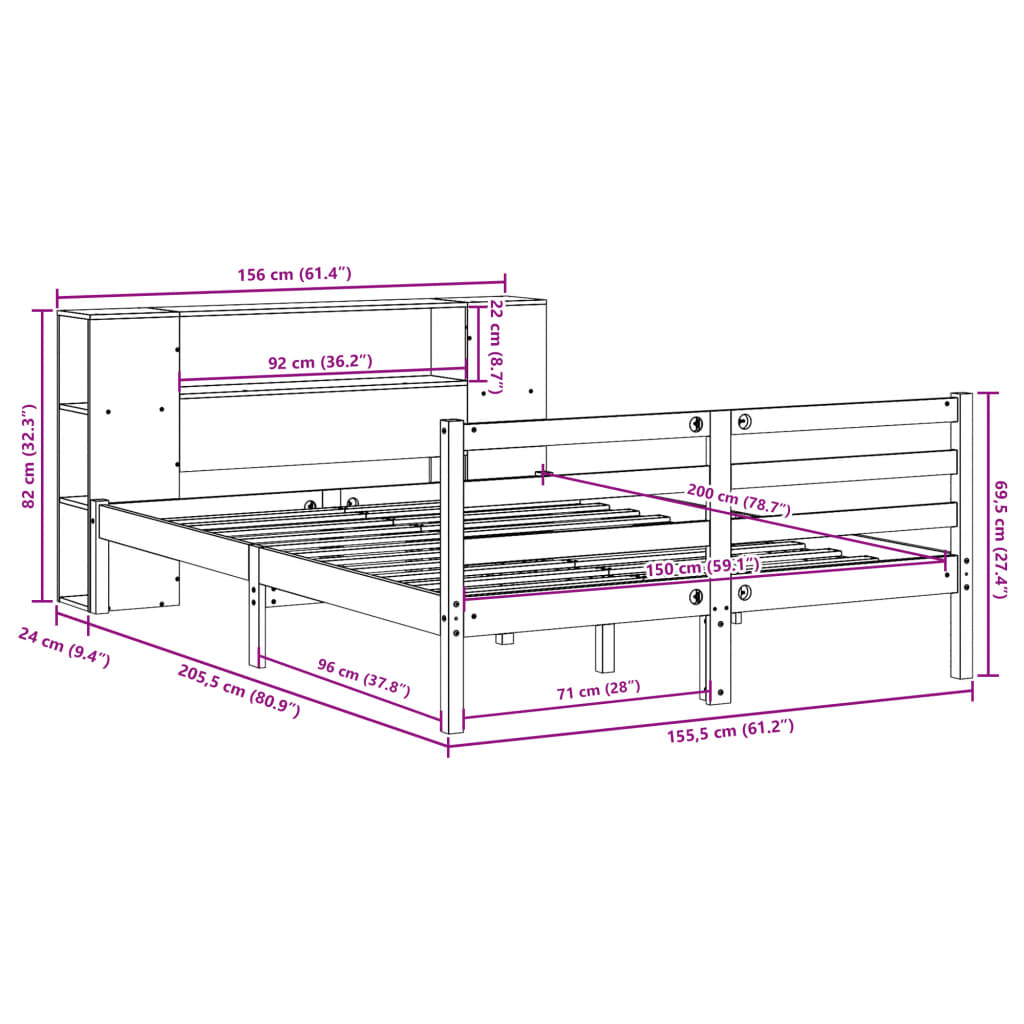 Seng med bokhylle uten madrass voksbrun 150x200 cm heltre furu