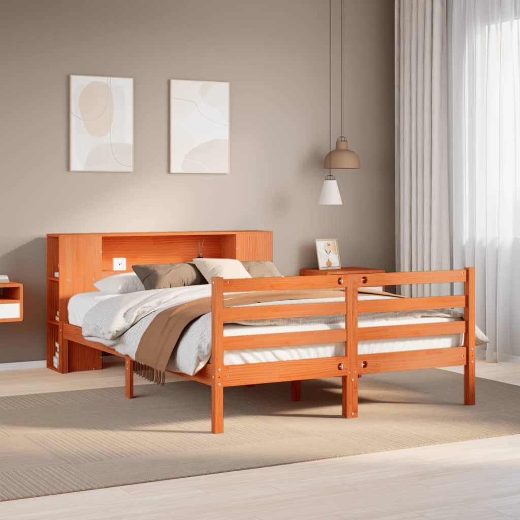 Seng med bokhylle uten madrass voksbrun 150x200 cm heltre furu