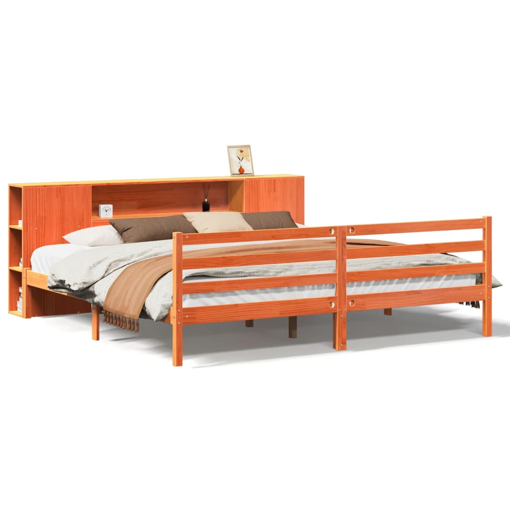 Seng med bokhylle uten madrass voksbrun 180x200 cm heltre furu