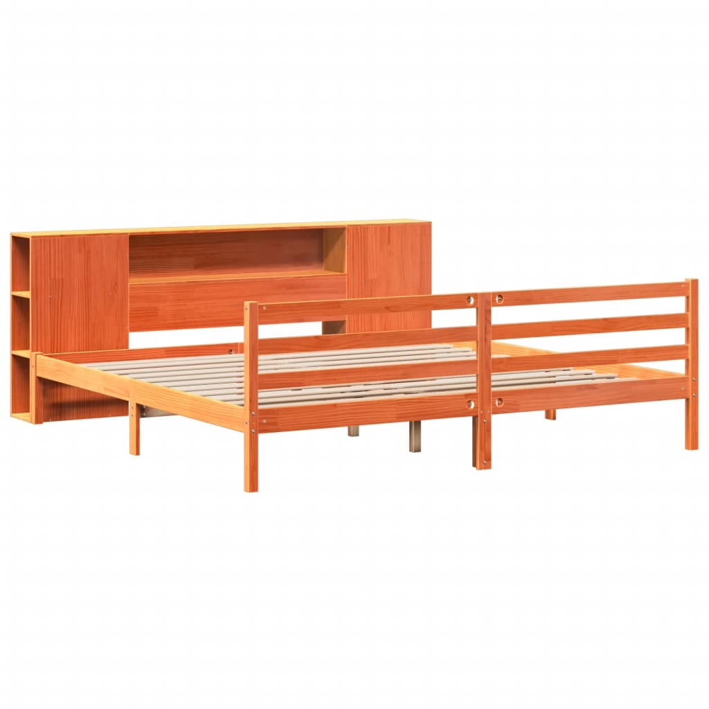 Seng med bokhylle uten madrass voksbrun 200x200 cm heltre furu