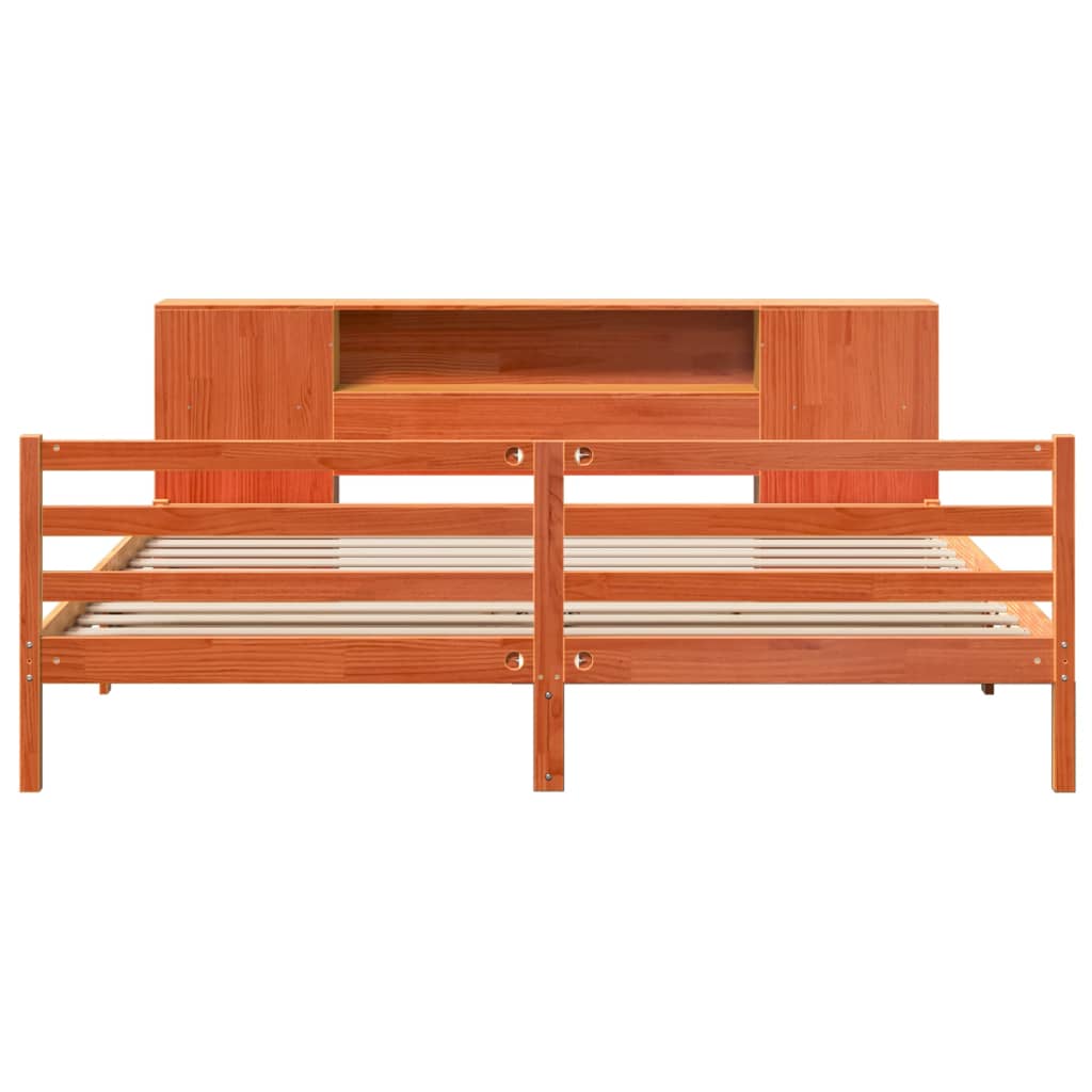 Seng med bokhylle uten madrass voksbrun 200x200 cm heltre furu