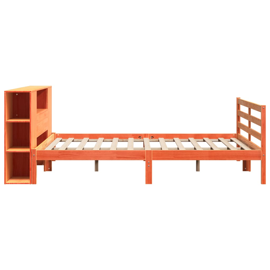 Seng med bokhylle uten madrass voksbrun 200x200 cm heltre furu
