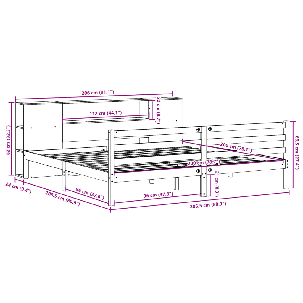 Seng med bokhylle uten madrass voksbrun 200x200 cm heltre furu