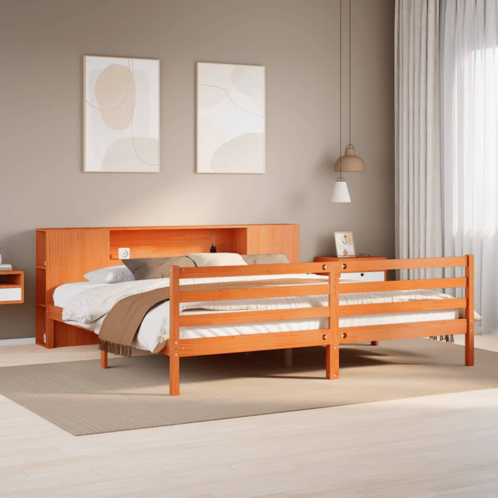Seng med bokhylle uten madrass voksbrun 200x200 cm heltre furu