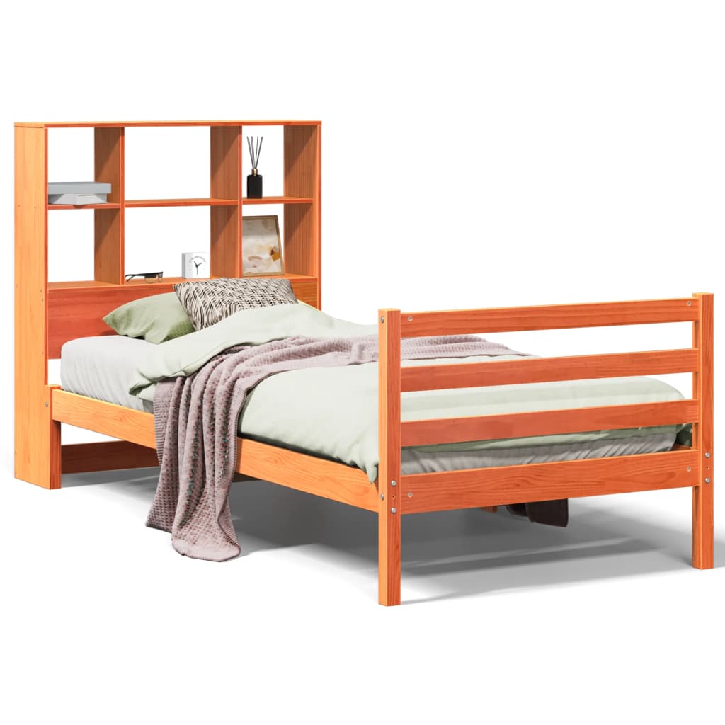 Seng med bokhylle uten madrass voksbrun 75x190 cm heltre