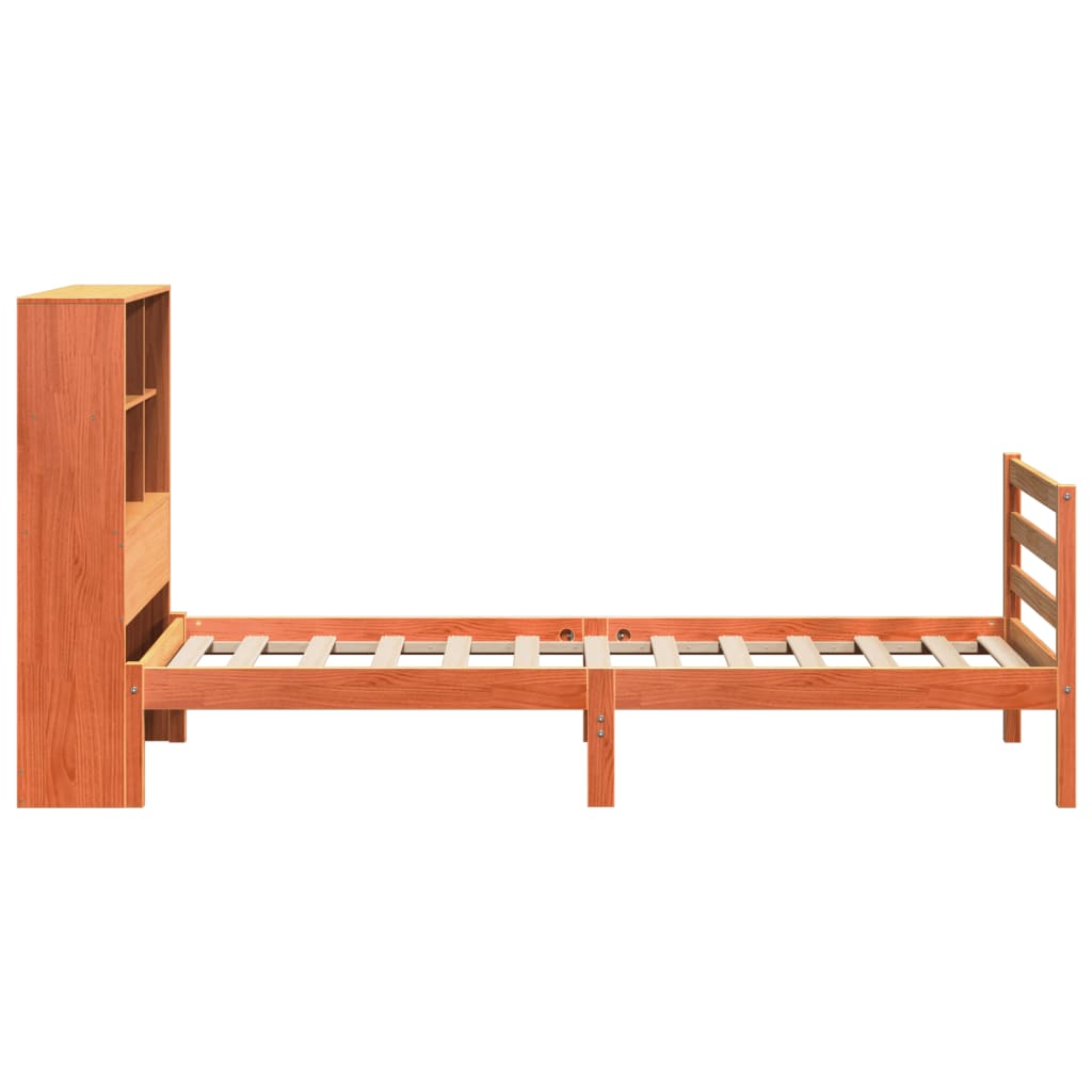 Seng med bokhylle uten madrass voksbrun 75x190 cm heltre