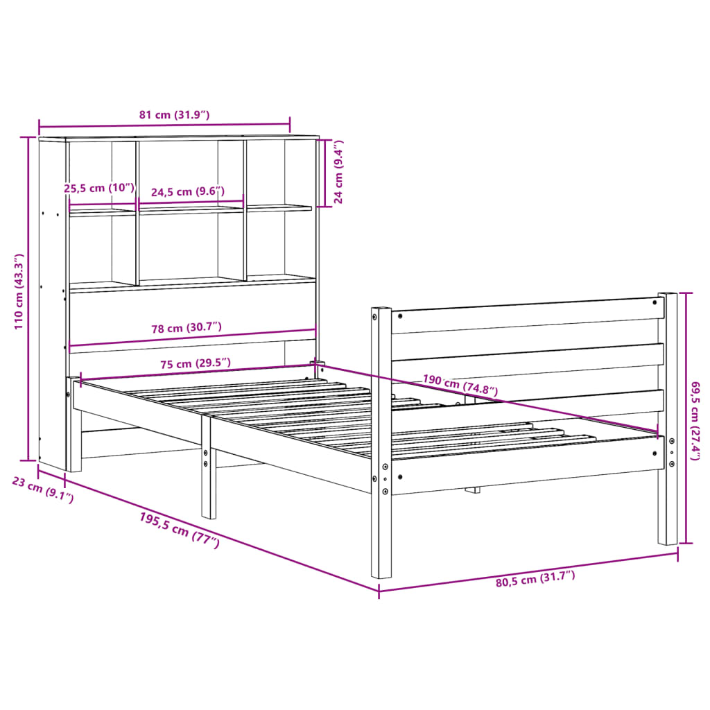 Seng med bokhylle uten madrass voksbrun 75x190 cm heltre