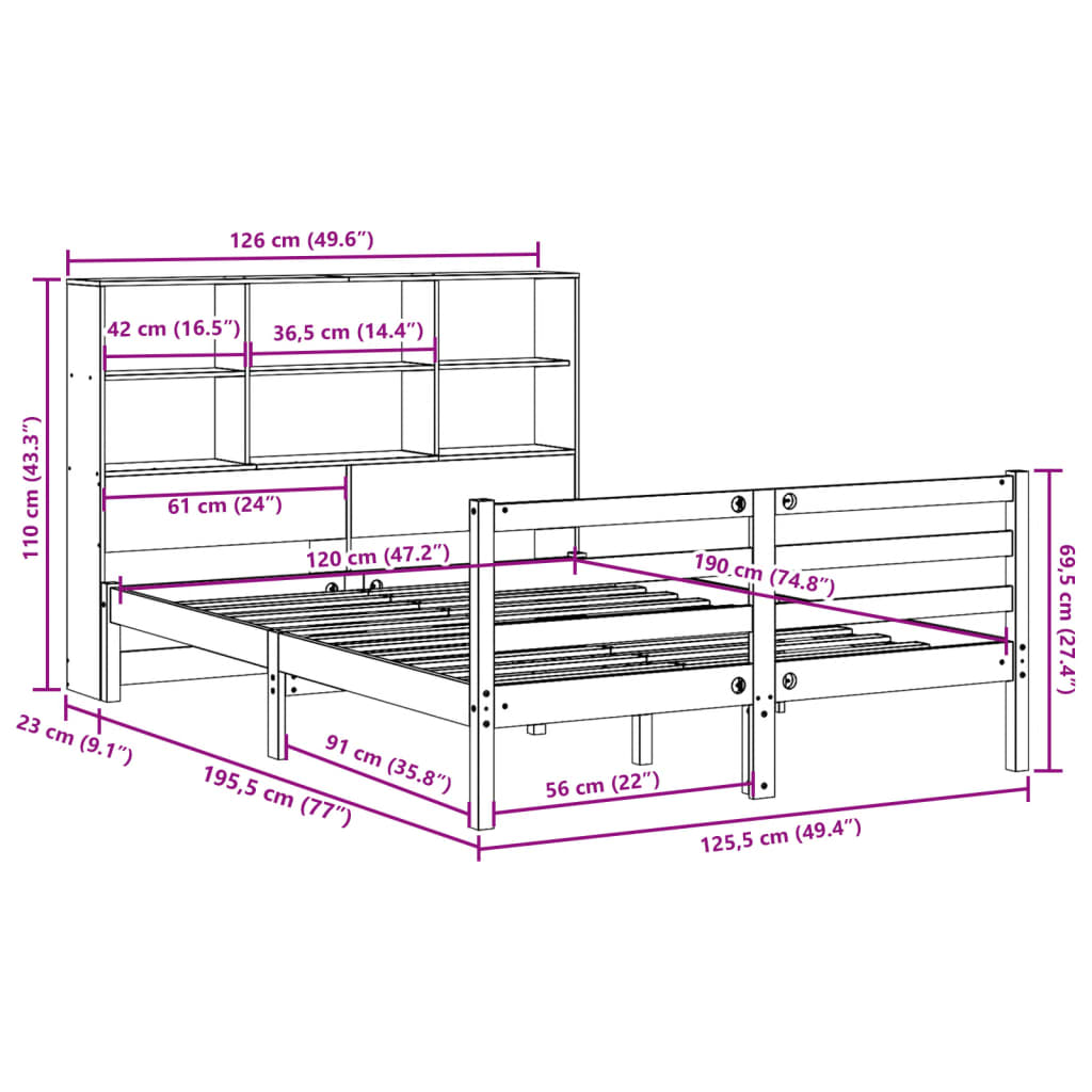 Seng med bokhylle uten madrass voksbrun 120x190 cm heltre