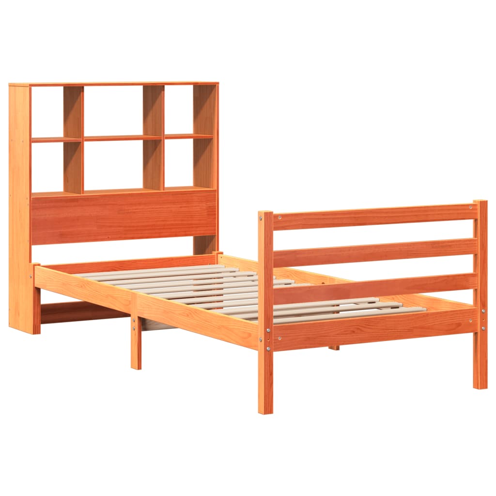 Seng med bokhylle uten madrass voksbrun 100x200 cm heltre