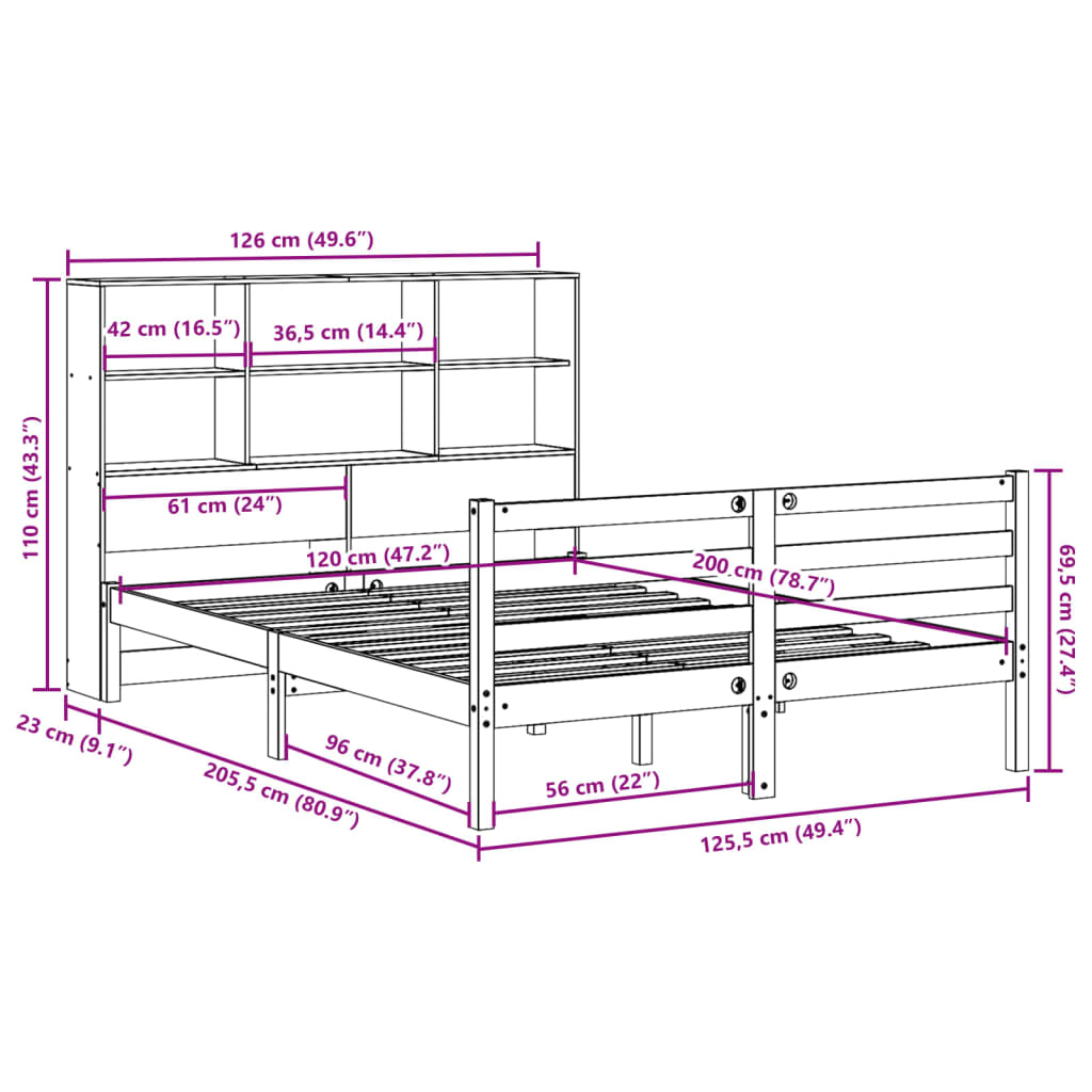 Seng med bokhylle uten madrass voksbrun 120x200 cm heltre
