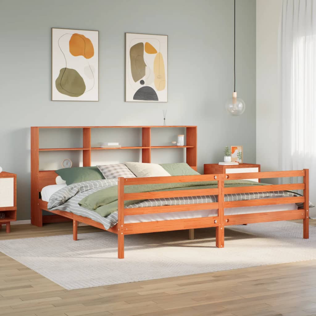 Seng med bokhylle uten madrass voksbrun 180x200 cm heltre