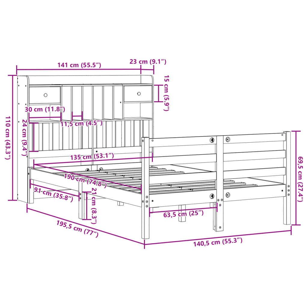 Seng med bokhylle uten madrass 135x190 cm heltre furu