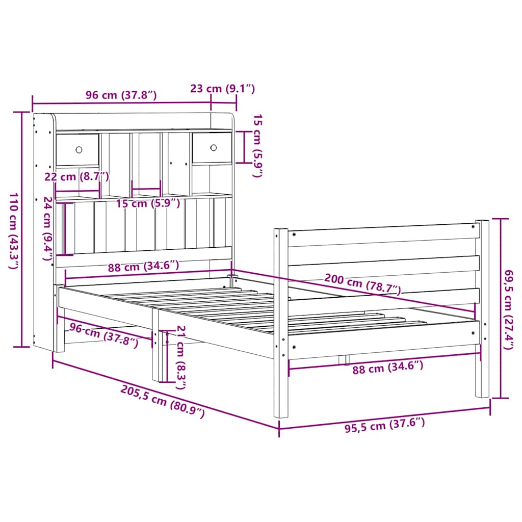 Seng med bokhylle uten madrass 90x200 cm heltre furu