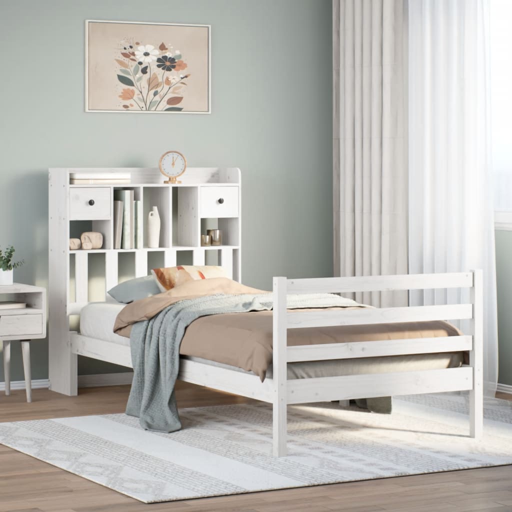 Seng med bokhylle uten madrass hvit 90x200 cm heltre furu