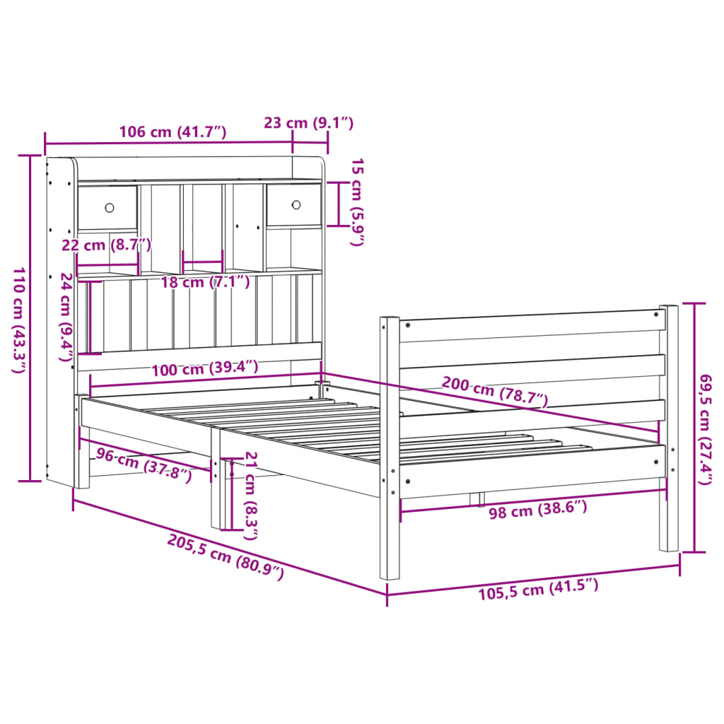 Seng med bokhylle uten madrass 100x200 cm heltre furu