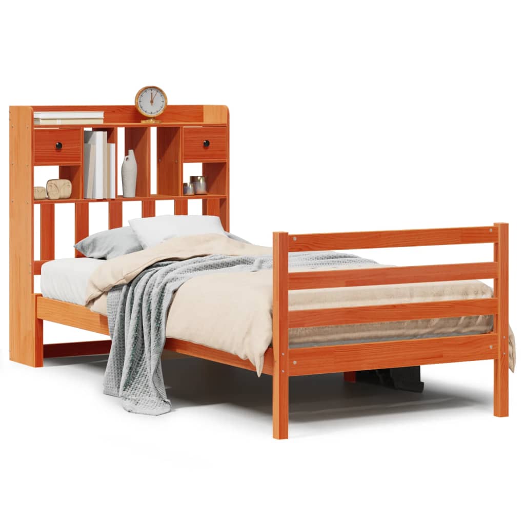 Seng med bokhylle uten madrass voksbrun 75x190 cm heltre furu