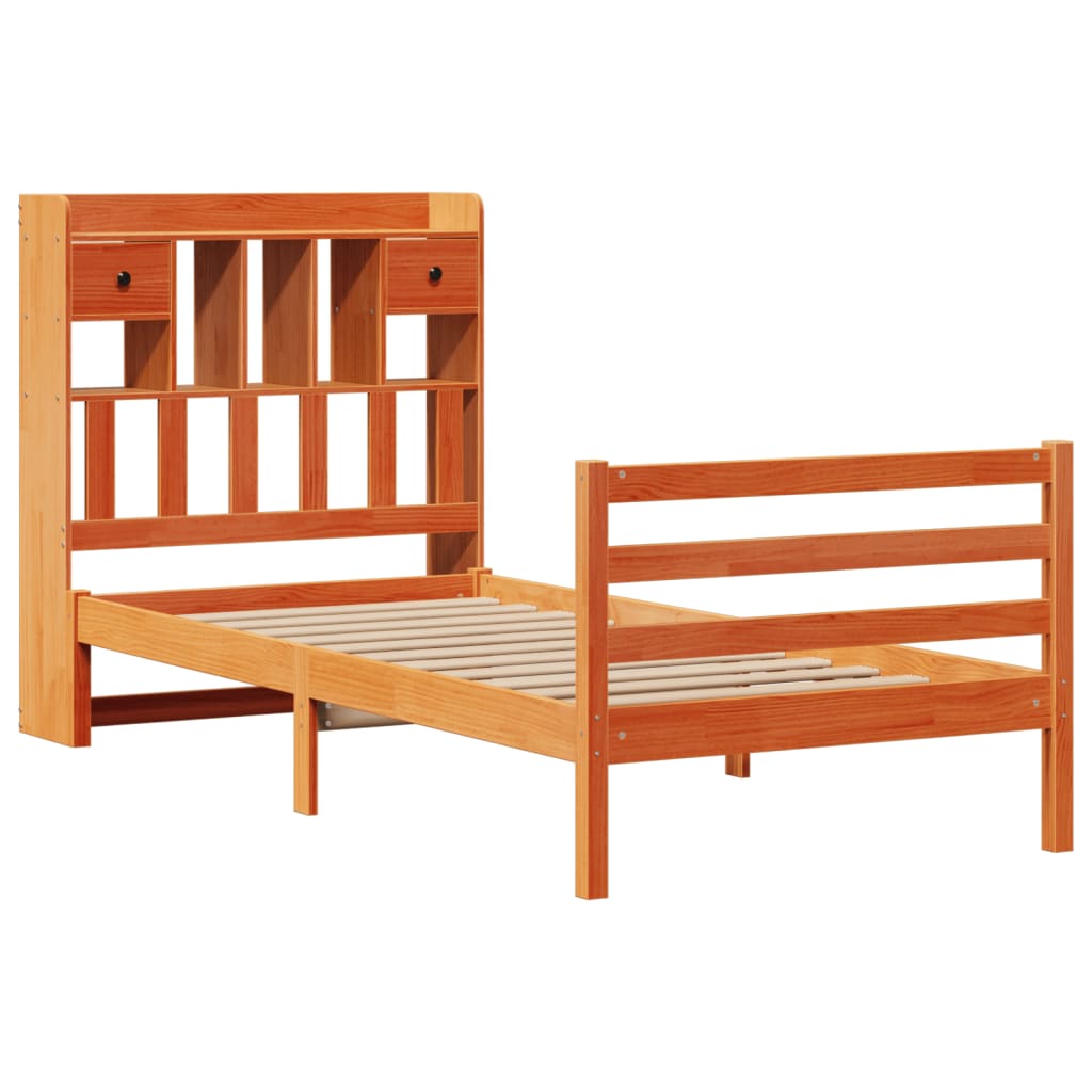 Seng med bokhylle uten madrass voksbrun 75x190 cm heltre furu