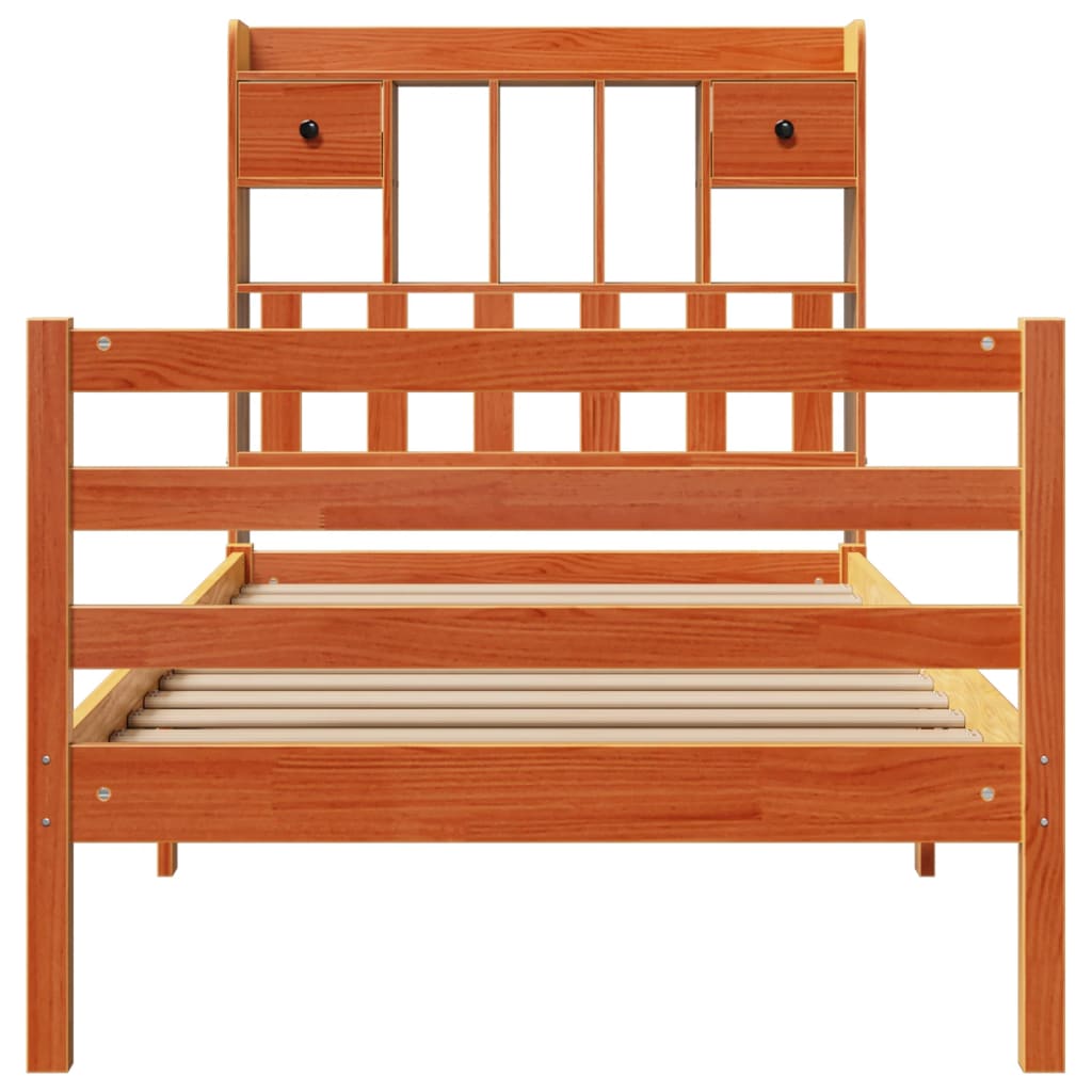 Seng med bokhylle uten madrass voksbrun 75x190 cm heltre furu