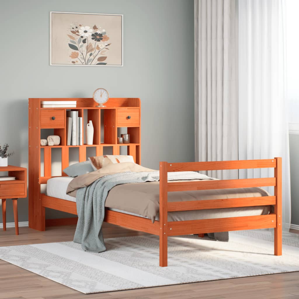 Seng med bokhylle uten madrass voksbrun 75x190 cm heltre furu