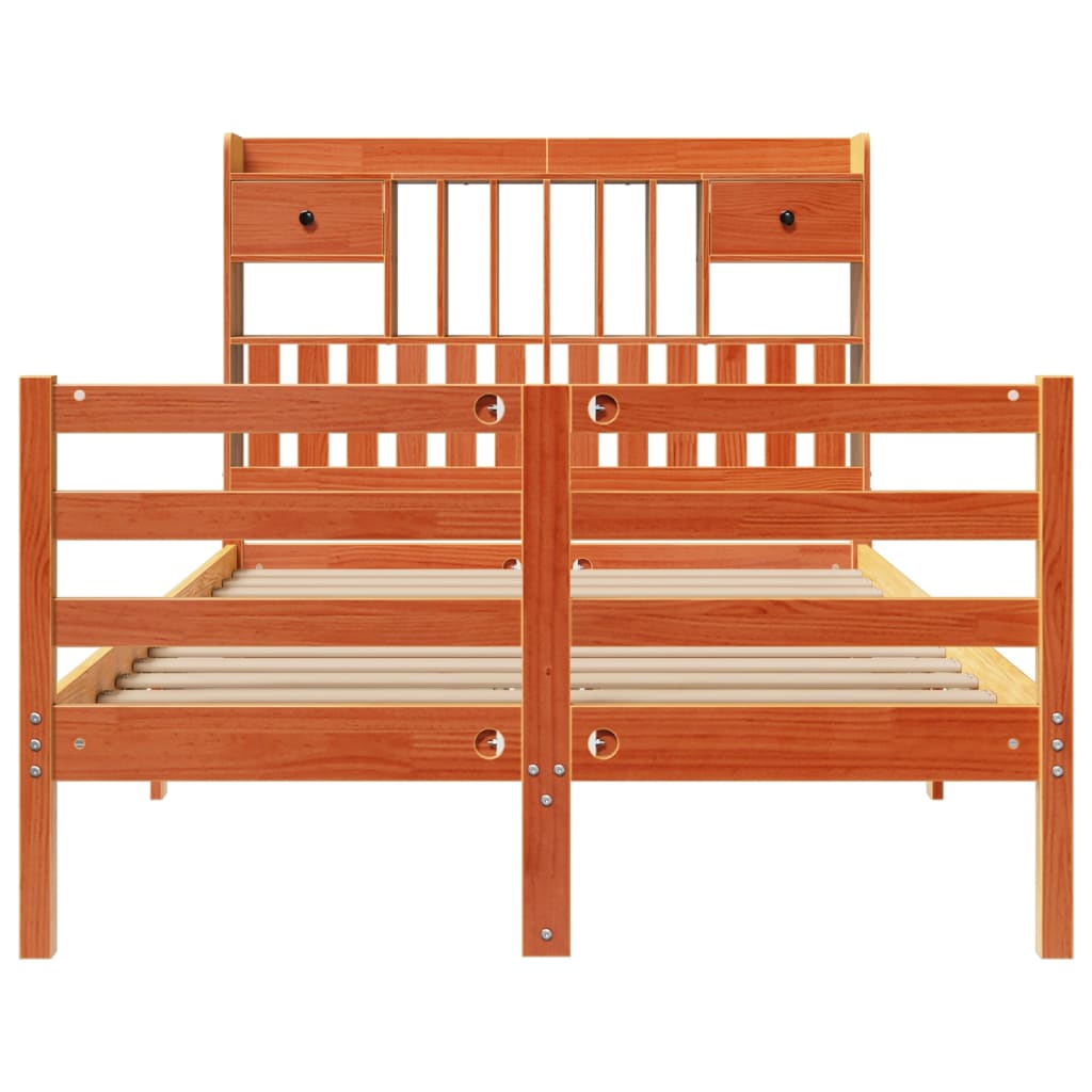 Seng med bokhylle uten madrass voksbrun 135x190 cm heltre furu