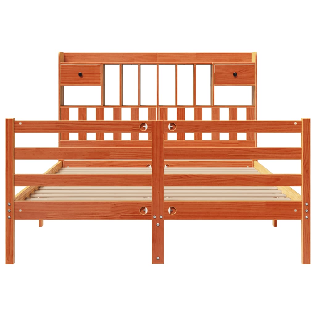 Seng med bokhylle uten madrass voksbrun 140x190 cm heltre furu