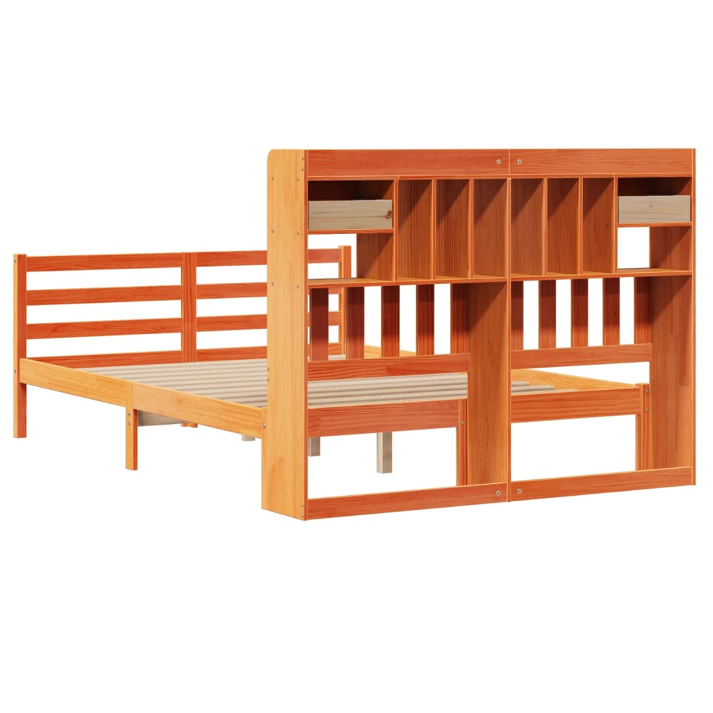 Seng med bokhylle uten madrass voksbrun 150x200 cm heltre furu