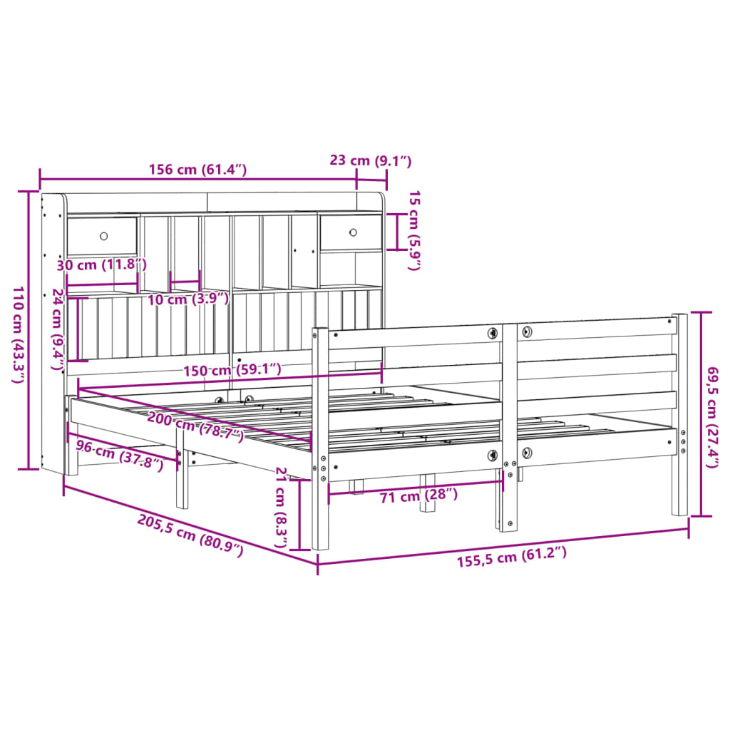 Seng med bokhylle uten madrass voksbrun 150x200 cm heltre furu