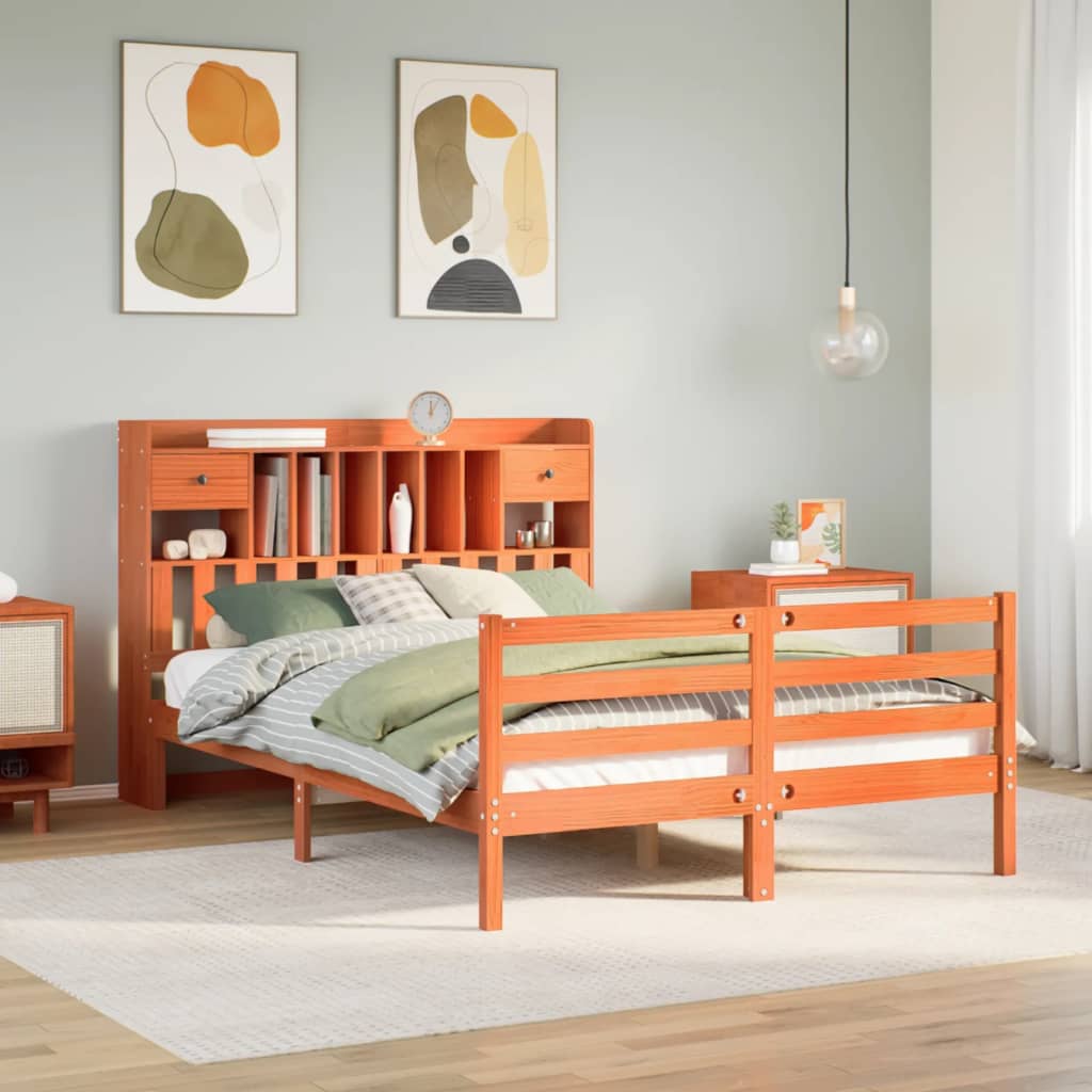 Seng med bokhylle uten madrass voksbrun 150x200 cm heltre furu