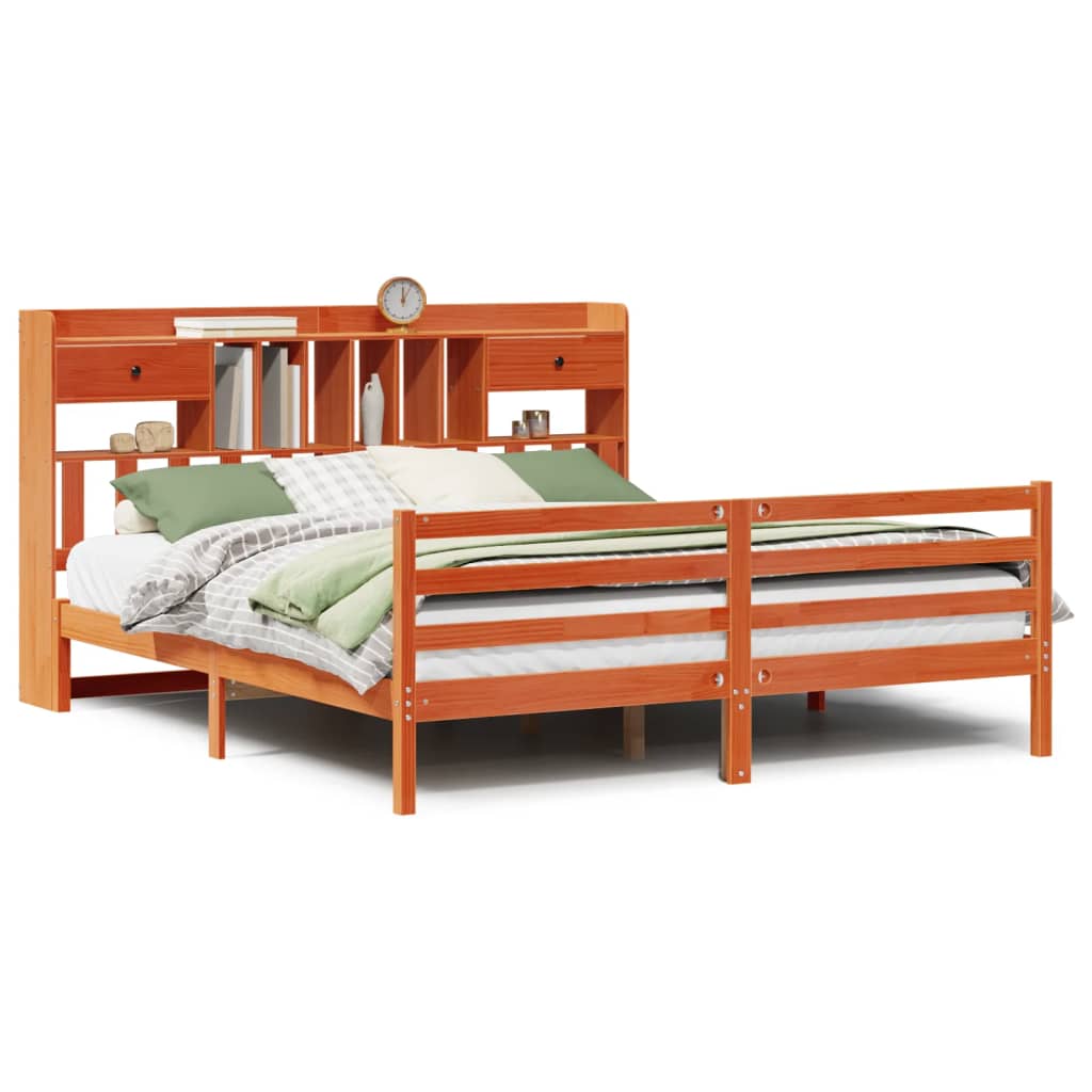 Seng med bokhylle uten madrass voksbrun 180x200 cm heltre furu