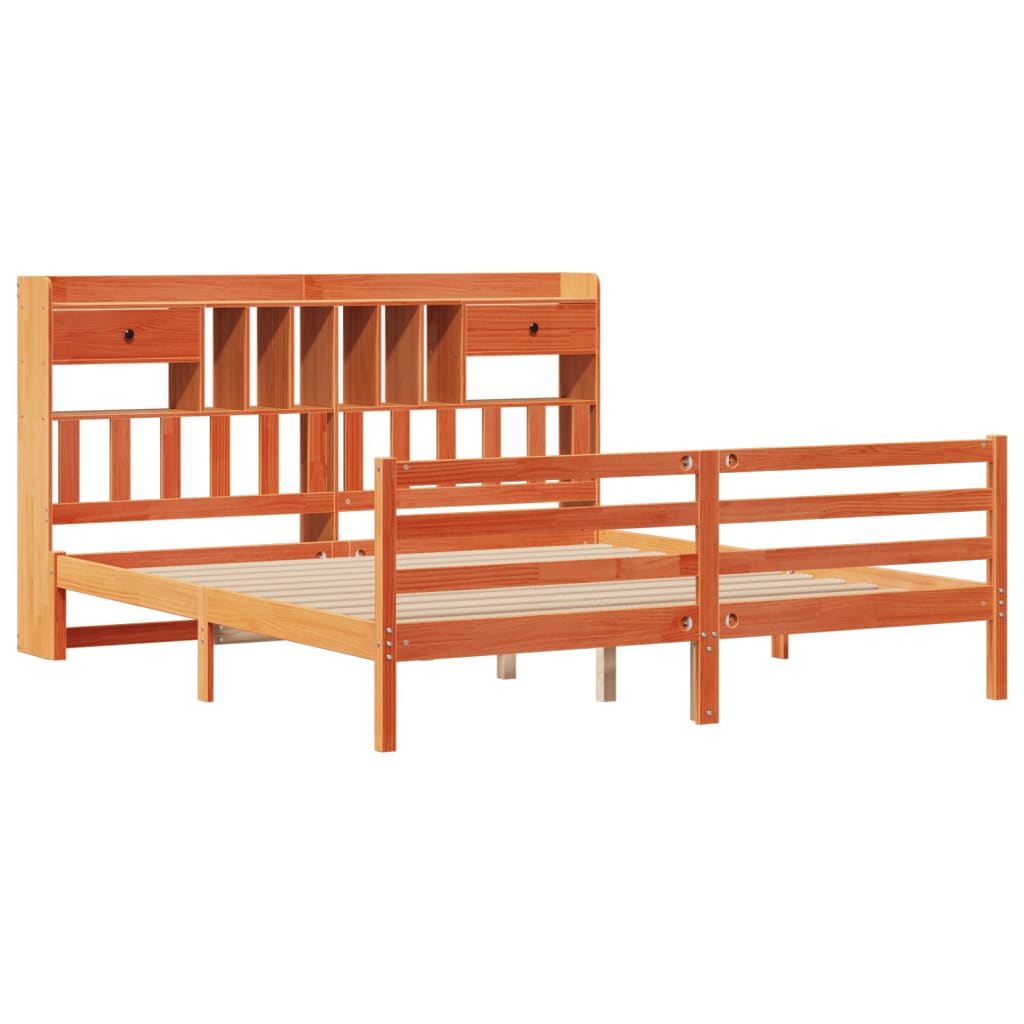 Seng med bokhylle uten madrass voksbrun 180x200 cm heltre furu