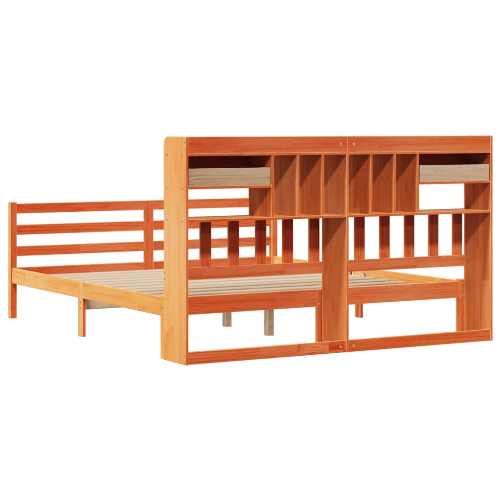 Seng med bokhylle uten madrass voksbrun 180x200 cm heltre furu