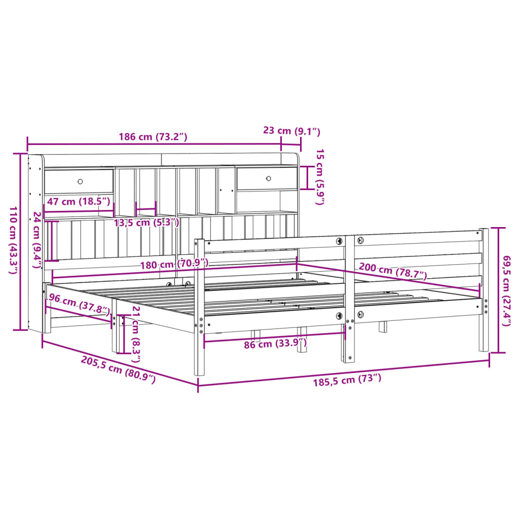 Seng med bokhylle uten madrass voksbrun 180x200 cm heltre furu