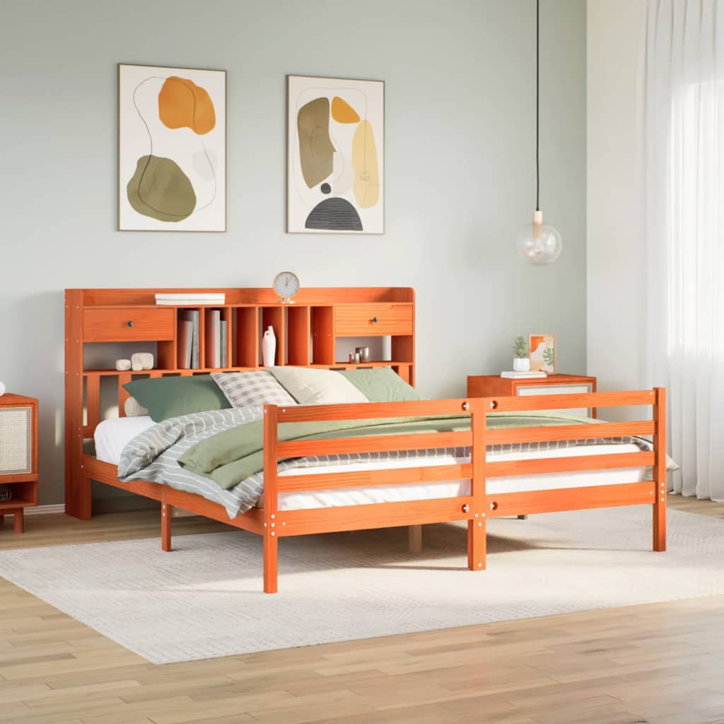 Seng med bokhylle uten madrass voksbrun 180x200 cm heltre furu