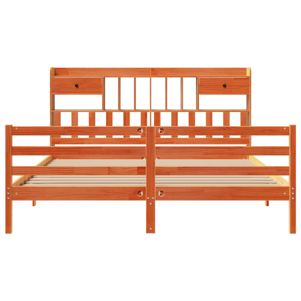 Seng med bokhylle uten madrass voksbrun 200x200 cm heltre furu