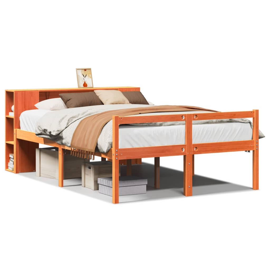 Seng med bokhylle uten madrass voksbrun 140x190 cm heltre