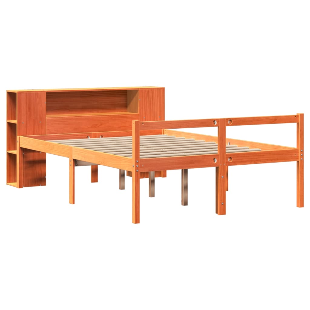 Seng med bokhylle uten madrass voksbrun 140x200 cm heltre