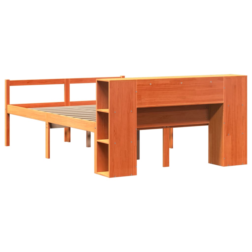 Seng med bokhylle uten madrass voksbrun 140x200 cm heltre