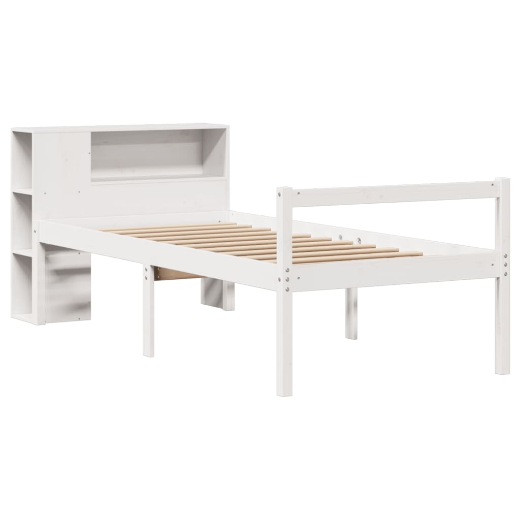 Seng med bokhylle uten madrass hvit 75x190 cm heltre furu